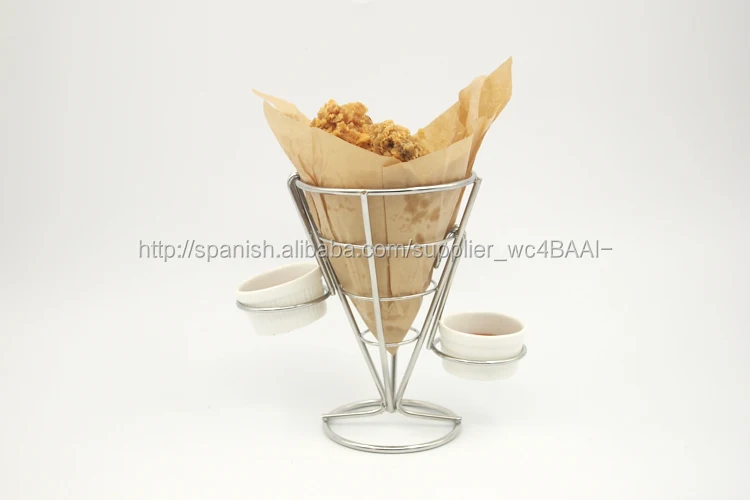 Fry and appetizer cone display with triple sauce cup holders Perfect for party and catering event - stainless Steel metal stand