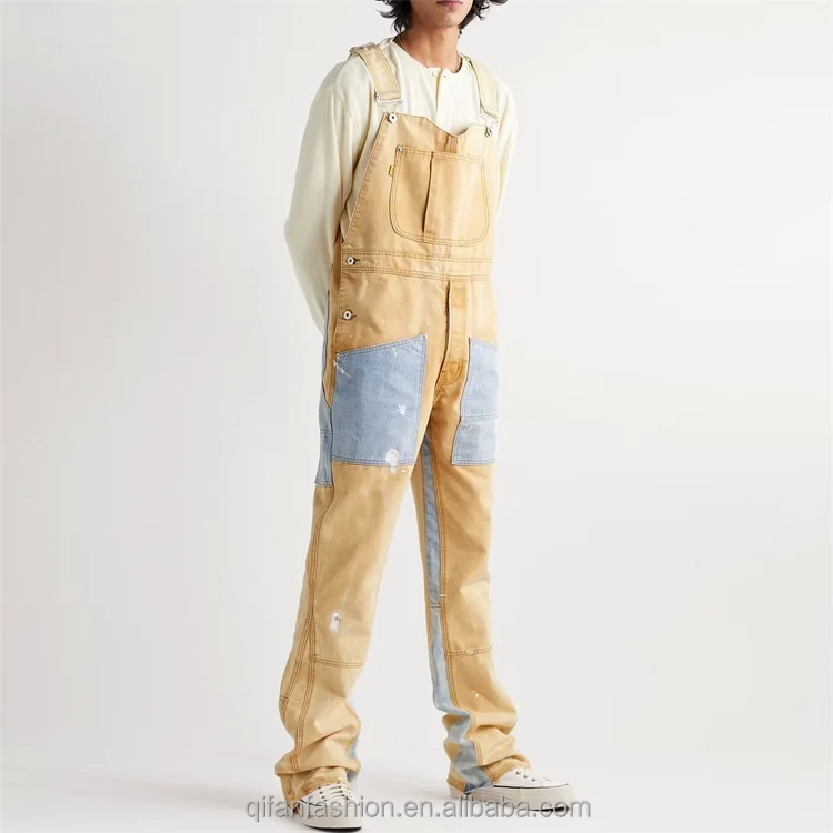 Custom Paint splatters distressed denim panelled flare canvas overalls for men