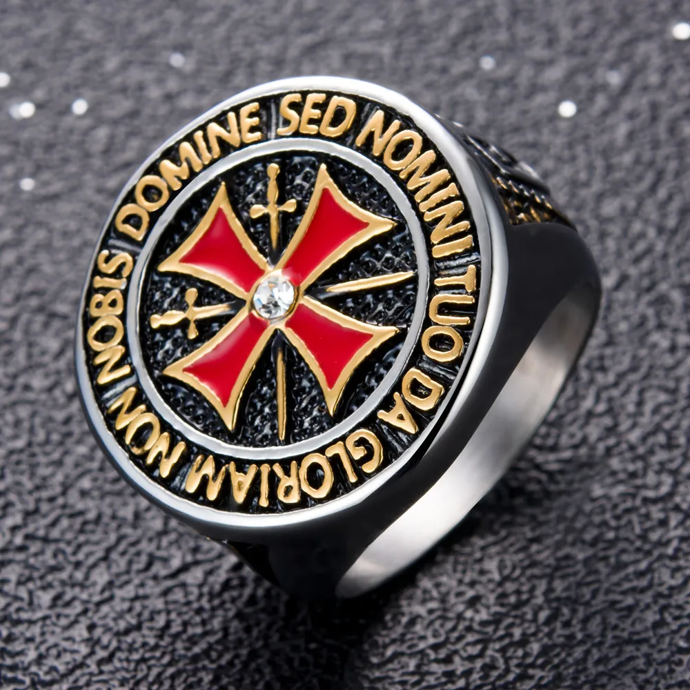 Crusader Titanium Steel Ring Diamond Red Cross Stainless Steel Domineering Templar Knight Ring