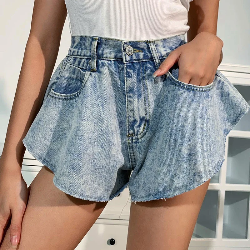 
Wholesale Fashion 2021 Summer Elegant Casual Irregularity Wide Leg With Pocket Denim Hot Shorts for Women Sexy Jeans Shorts 