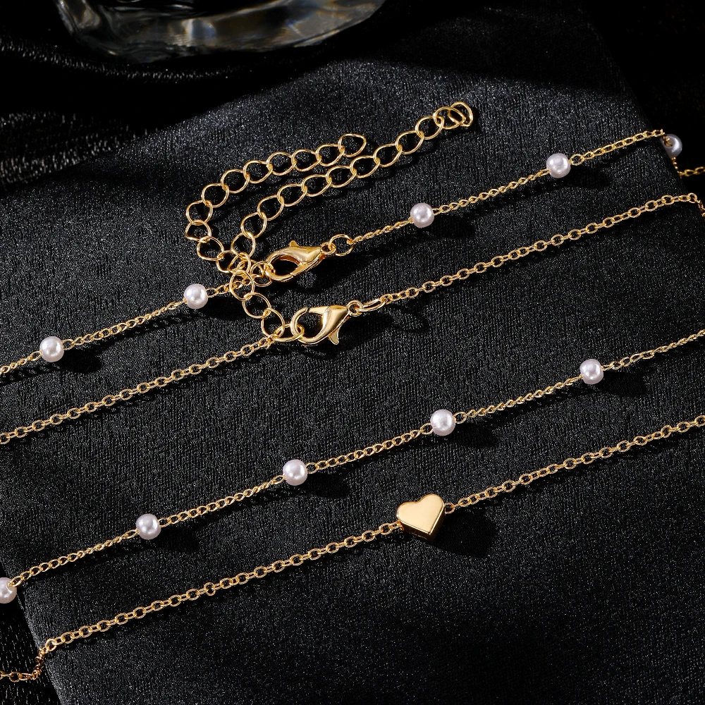 2024 New Fashionable Gold Pearl Geometric Heart Drop Cross Pendant Necklace For Women Jewelry Multilayer Link Chain Gift