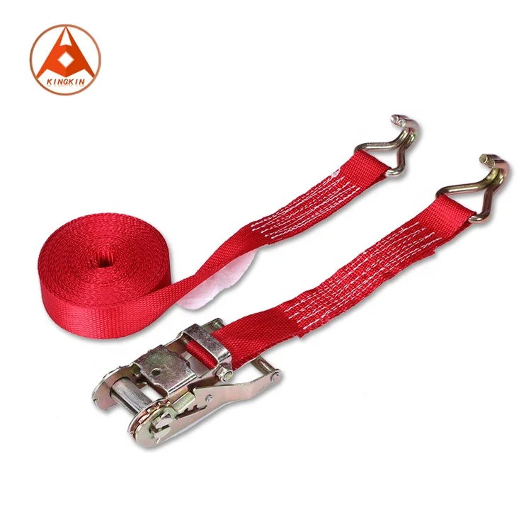 Red 28mm 1500daN Cargo Lashing Belt Polyester Ratchet Tie Down Strap with Double J Hooks