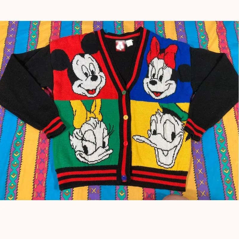 knitted factory custom vintage 90s rainbow colorblock mickey minnie daffy daisy duck pattern cardigan sweater