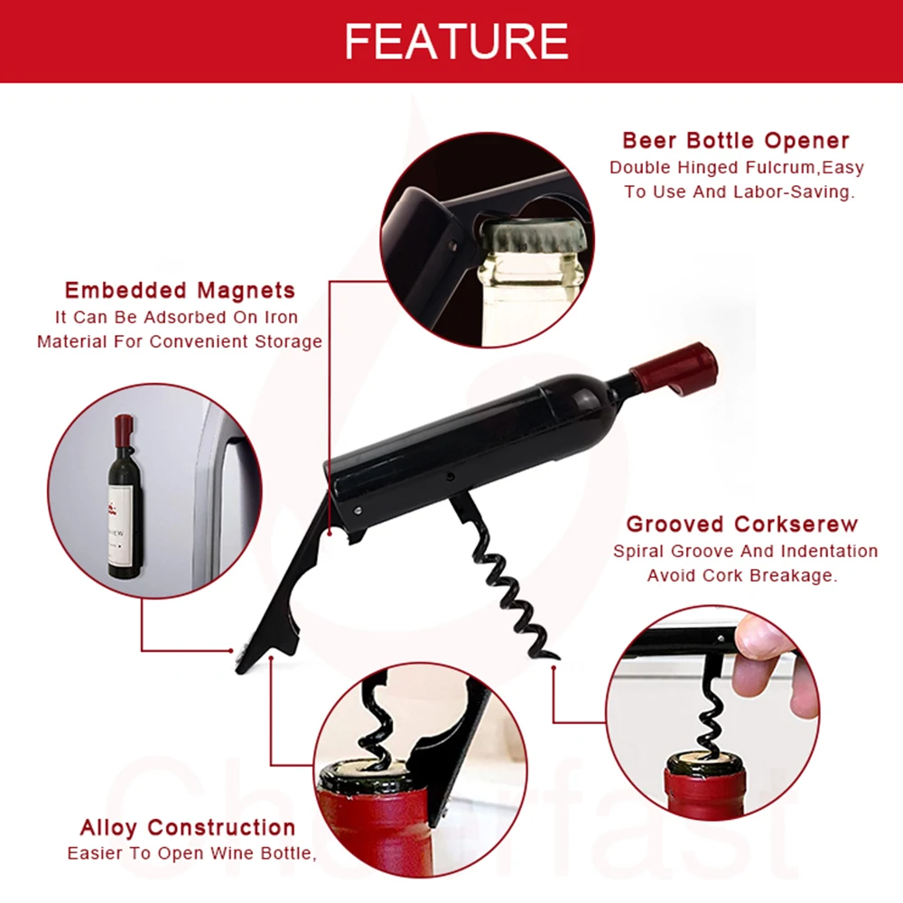 Newest design products wine bottle shaped corkscrew  and wine bottle opener and plastic opener