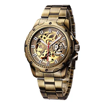 SHENHUA 9536 Men Automatic Mechanical Watches Luxury Stainless Steel Vintage Bronze Skeleton Wristwatch