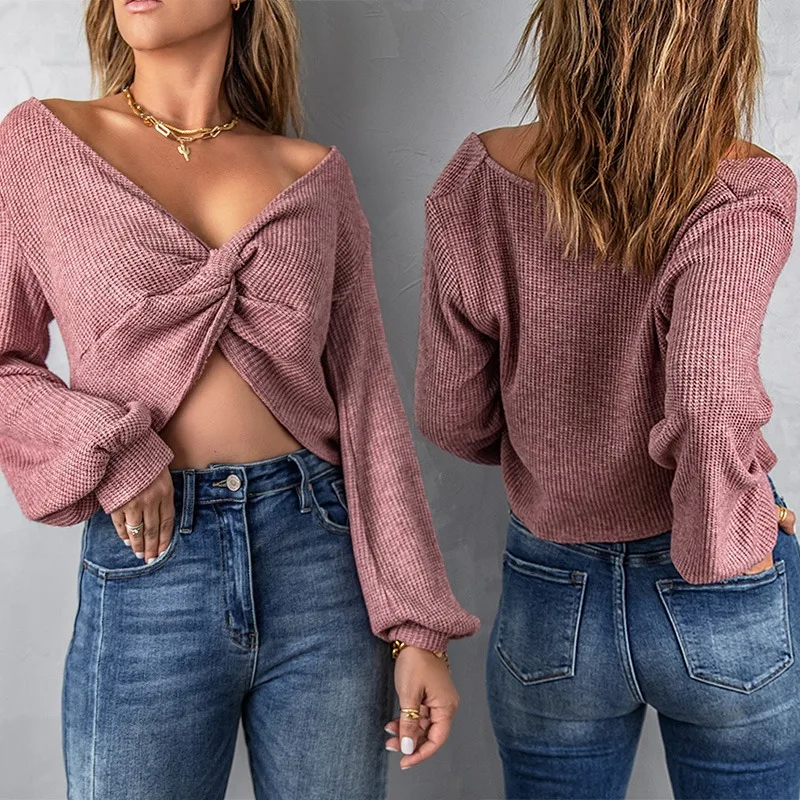 Custom Wholesale Spring Fall Women Ribbed Knitted Solid Ladies Crop Tops Shirts For Women Blouses Long Sleeve Shirts Women Shirt