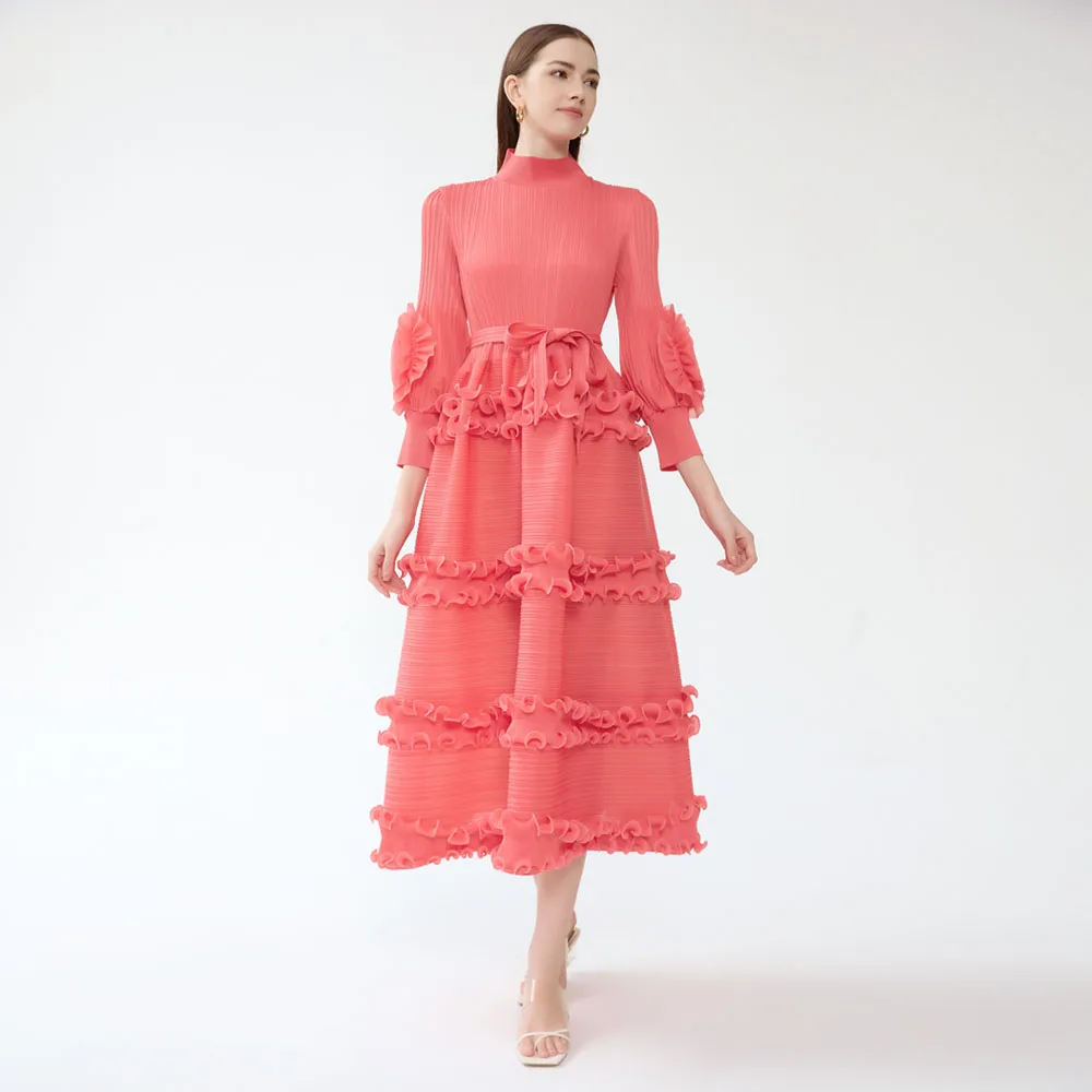 Custom Women High Quality Plus Size Solid Pleated Petal Sleeve Luxury Waisted Personality Madi Ladies Pleated Dress