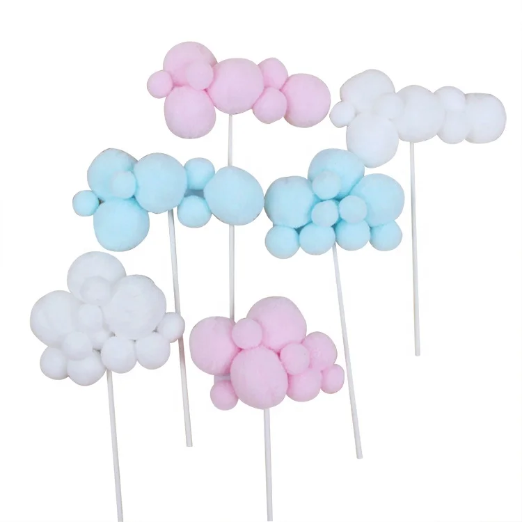 Wholesale Kids Favors Birthday Cloud Cake Decoration party supplies Pompom Ball Balloon Birthday Plug-In White Cloud Cake Topper