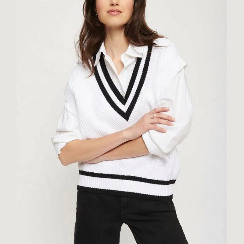 Wholesale 2023 Custom Logo Knit Oversized  Women Sweater Deep V Neck Sleeveless Plus Size Rib Vest 100% Cotton Knitwear Ladies