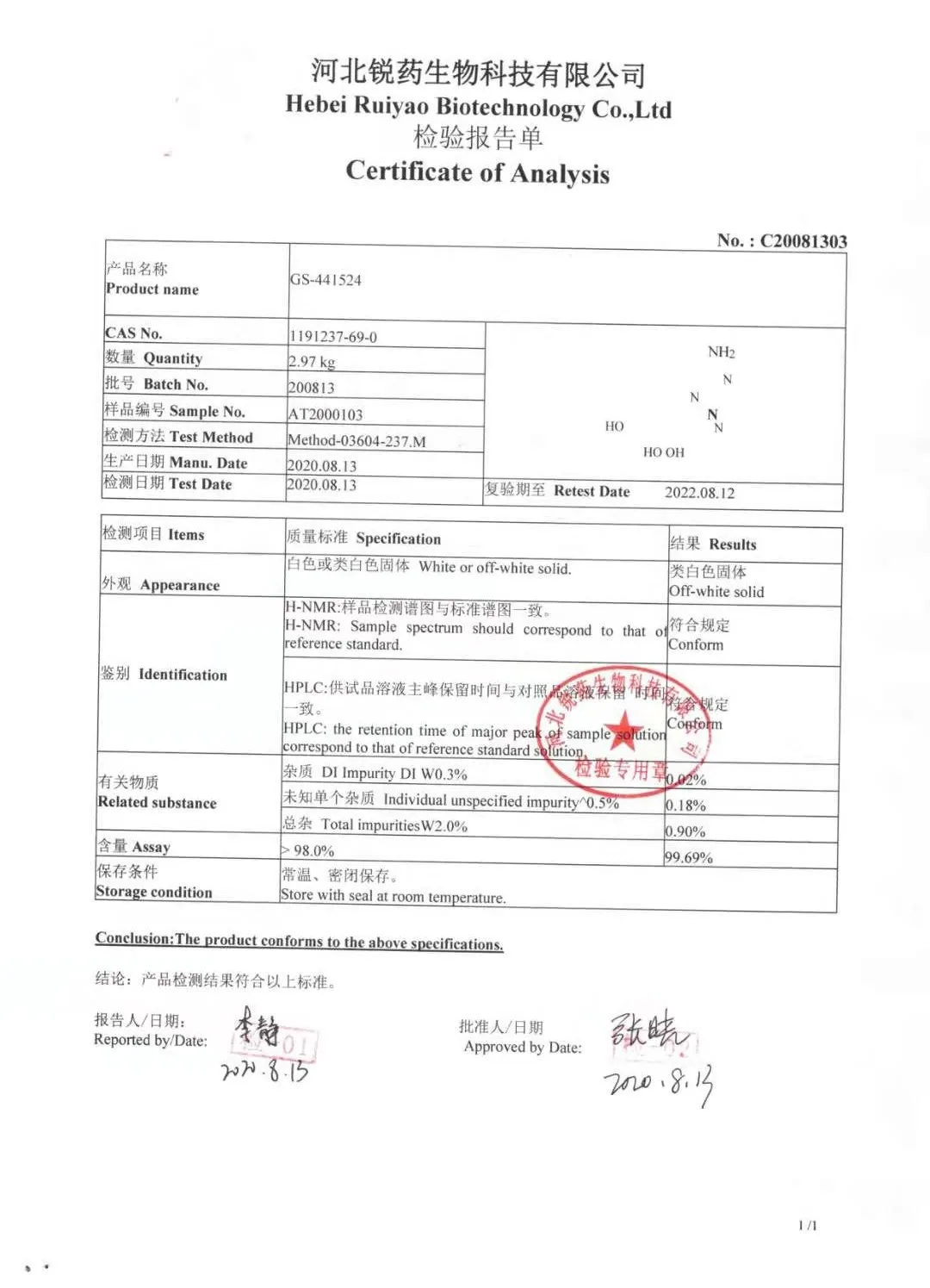 
High Purity Gs-441524 Fip Injection 5ml GS&441524 GS-441524 Powder Animal Pharmaceuticals Antiviral 30 Grams 291.26 CN;HEB HPLC 