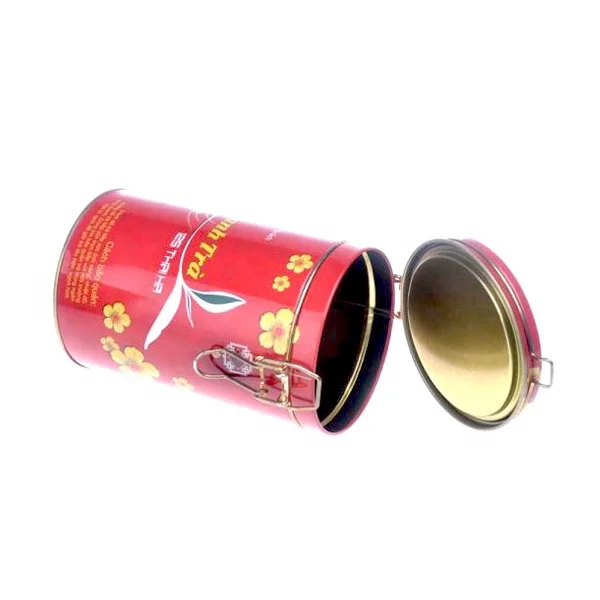 Custom round airtight coffee bean metal tin canister container storage packaging loose leaf tea tin can jar with latch lock