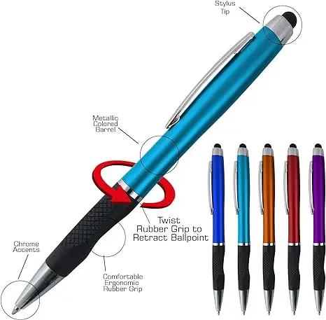 2 in 1 Twist Action Metallic Capacitive Stylus Comfort Grip Custom Metal Ball Point Pen for Touchscreen Devices
