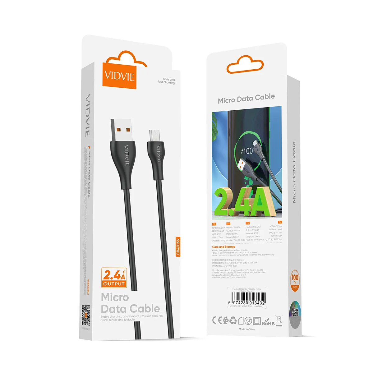 VIDVIE оптовая продажа готовый к отправке 2.4A Micro USB V8 Android мобильное зарядное устройство 1 м белый черный ПВХ кабель для передачи данных