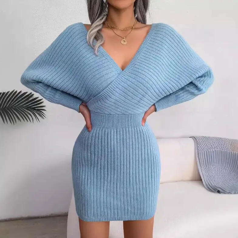 RNSHANGER Solid Color Backless Knitted Dresses V Neck Sexy Slim Fit Temperament Long Sleeves Basic Women Sweater Mini Dress