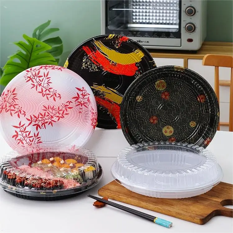 Custom Round Disposable Takeaway Sushi Tray Fast Food Plastic Container Packaging Sushi Box Trays With Transparent Lid