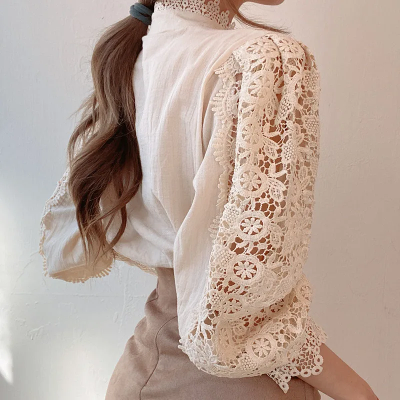 Autumn sexy tops Hollow Sexy Blouse Plus Size Stand-Up Collar White Tops Lace Long Sleeve Fashion Women Shirt embroidery blouse
