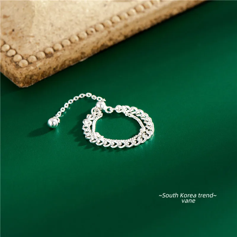 Fj S925silver Sparkling Double Layer Chain Ring Simple Twin Ring Bracelet