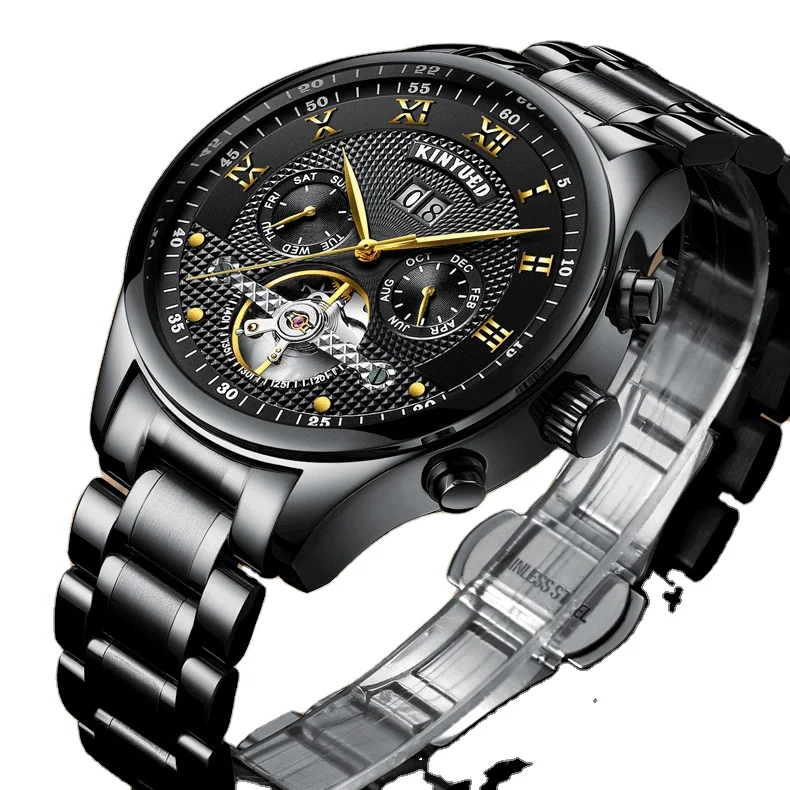 Private Label Watches Luxury Packaging Ruby Bearing Gold Index Gold Needel Full Black Tourbillon Mecanic Watch Mechanical