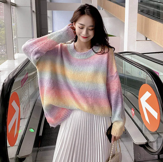 Japan Fashion Knit Sweater Rainbow stripe Pullover Loose Cocoon Lazy Style Knit Top