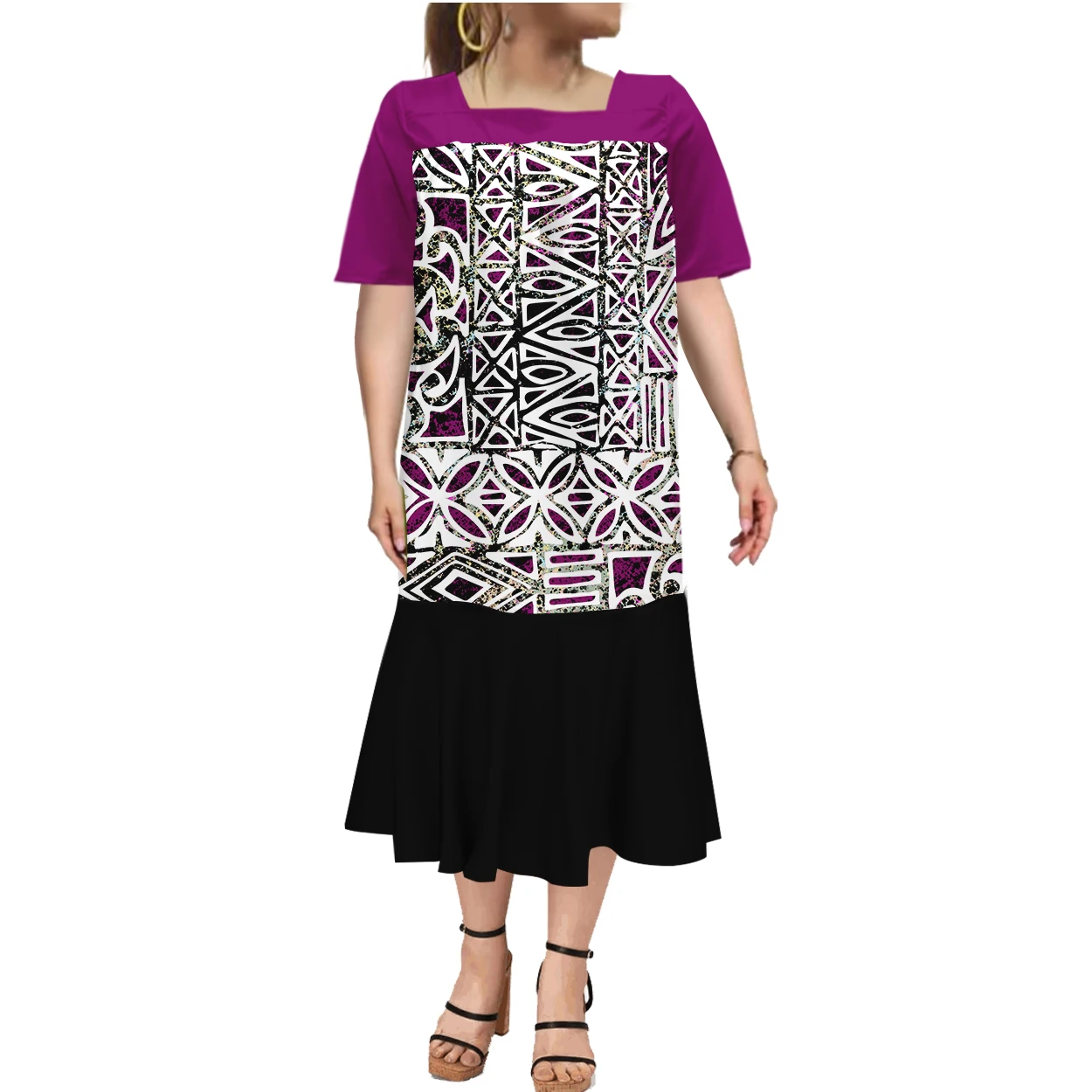 OEM Customized Tapa Polynesian Design Micronesian Mumu Muumuu Vintage Square Neck Puffy Dress Plus Size Womens Fishtail Dresses