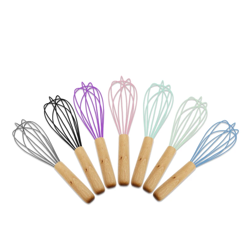 Kitchen baking tools hand milk egg beater wooden handle silicone wire cooking whisk
