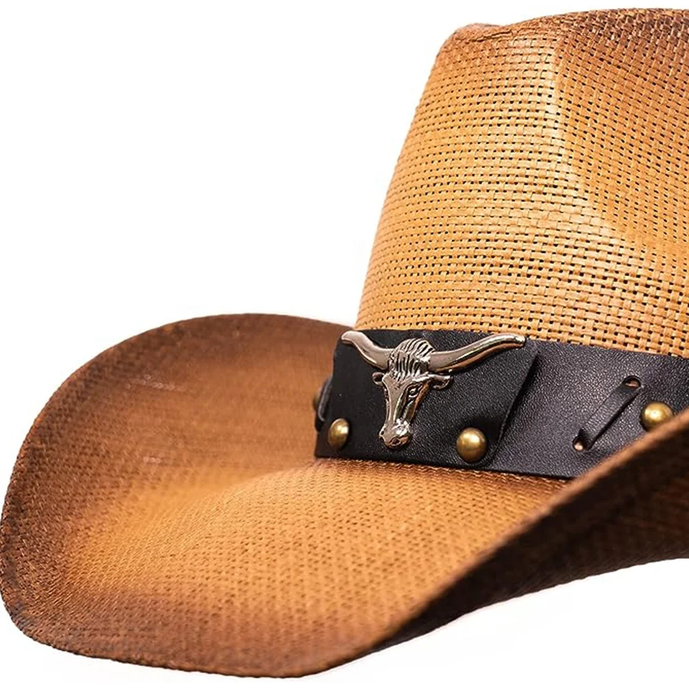 Black Western jazz sombreros vaquero boys sun protector unisex sombrero cowboy straw sun hats for men summer