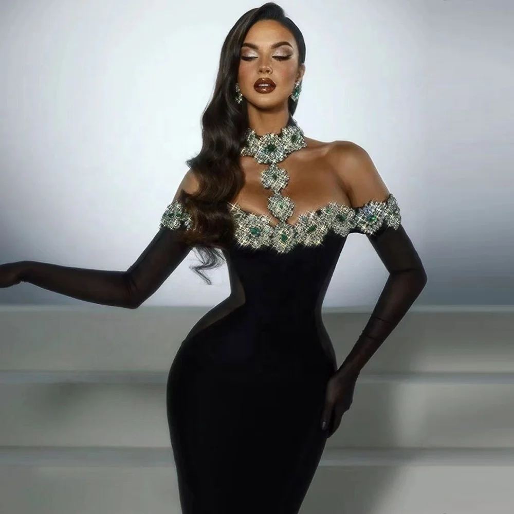 2024 New Trend Evening Dress Womens Party Wear Elegant High Formal Rhinestone Bandage Dress with Gloves