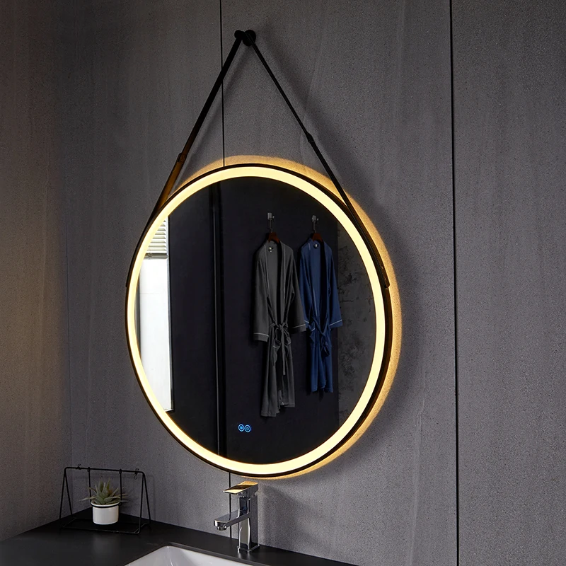 Custom Aluminum Frame Touch Screen Hanging Wall Round Makeup Led Bathroom Smart Mirrors with leather strap