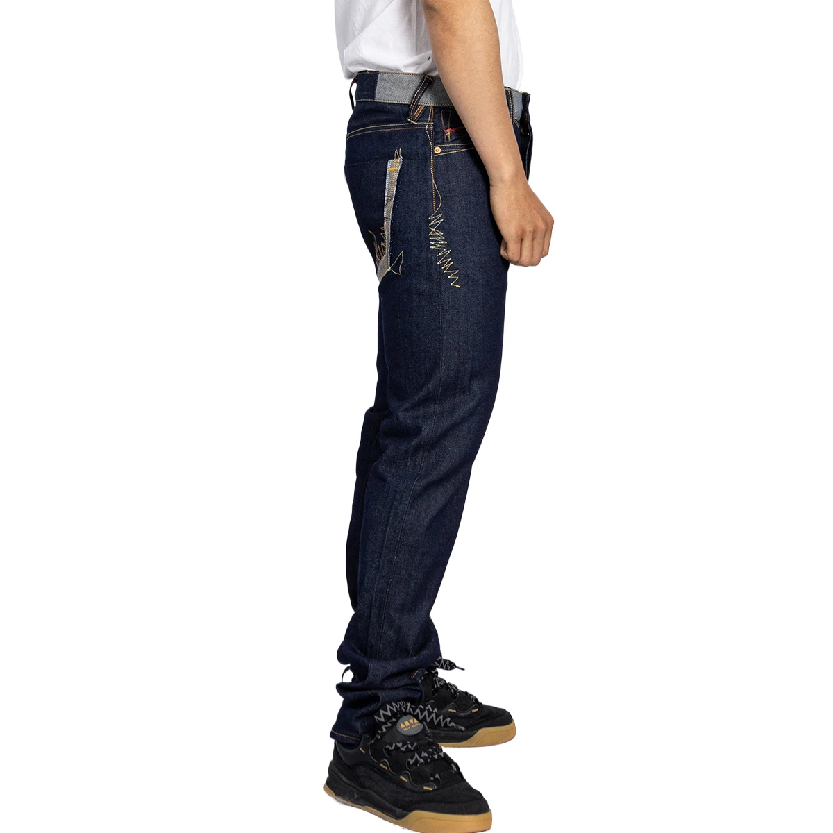 Patchwork Waist Blue Raw Denim straight jeans men slim fit