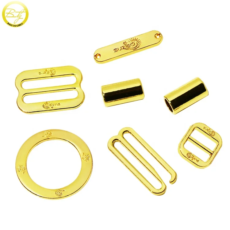 Custom Engraved logo Clasp Ring Sliders Gold Plated Swimbeach Hardware Buckle Sets Metal Bikini Accessory