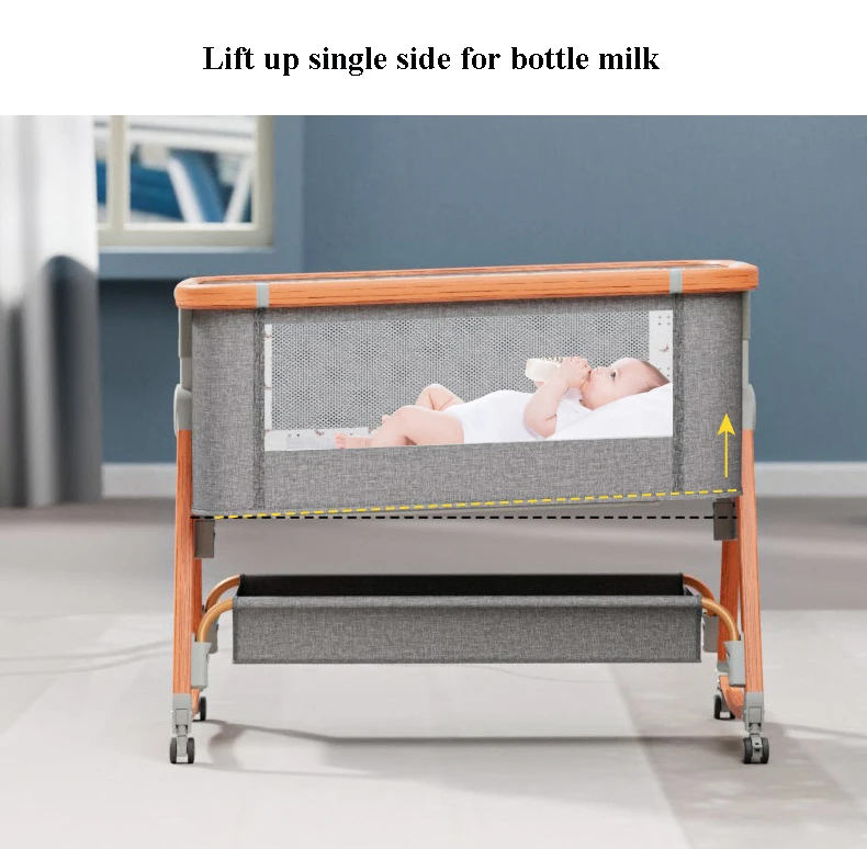 Easy Folding Baby Bed Bedside Sleeper with Storage Basket and Wheels Adjustable and Movable Baby Cradle with Mosquito Nets