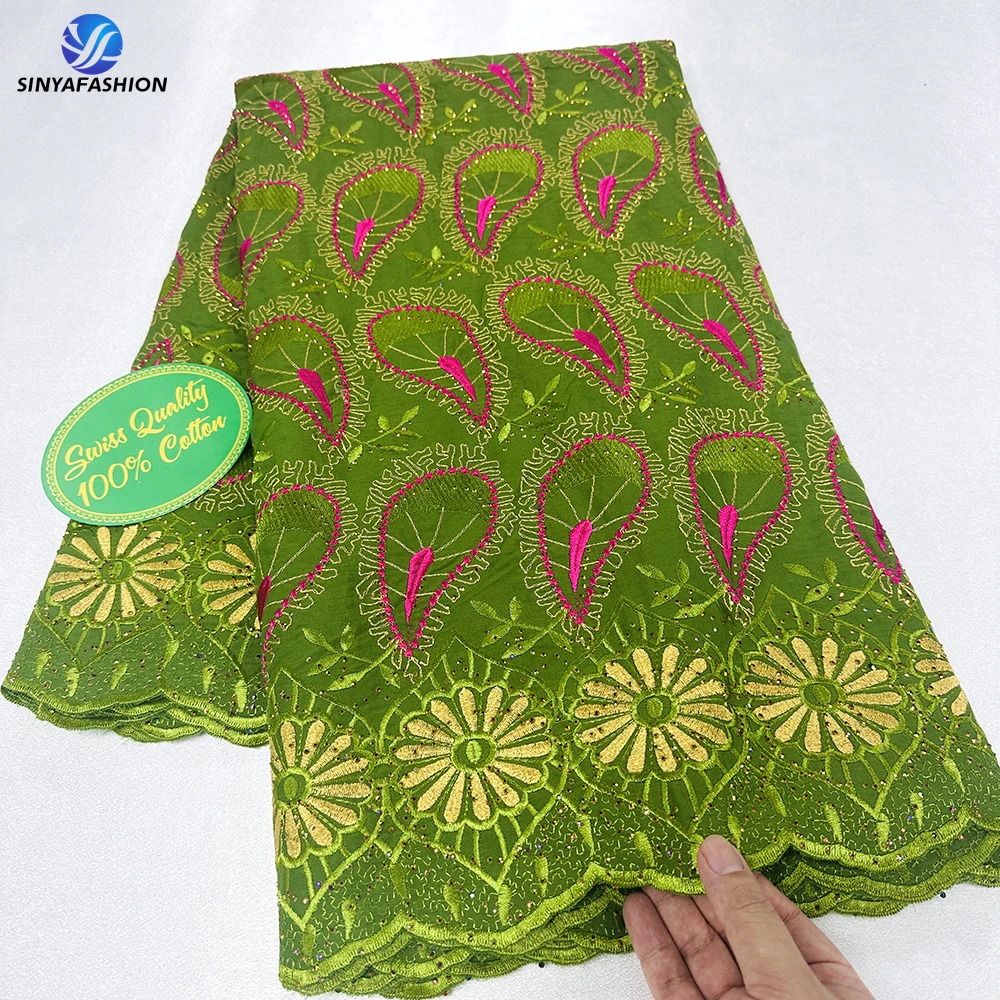 Sinya Embroidery African 100% Cotton Laser Cut Dry Lace Fabric With Stones 5 Yards High Quality Swiss Voile Lace In Switzerland