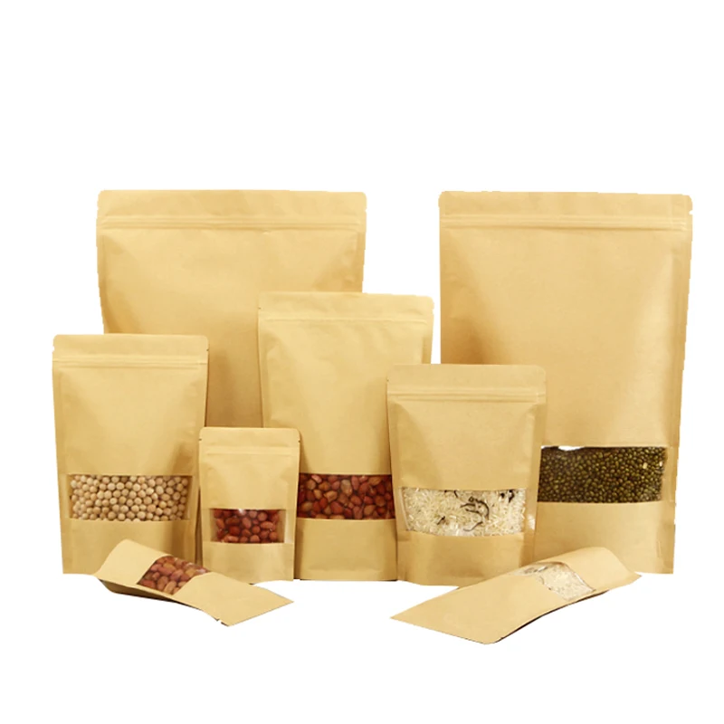 Small Back Seal Bag Kraft Paper Bags With Window Food Packaging Bag Brown Jagged Style Granules Packaging Customized Candy Snack
