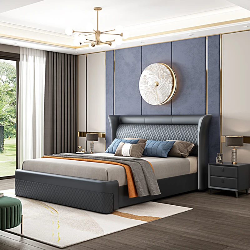 Italy Style Upholstery Stylish Designer Classic Leather Cheap King Size Set Furniture Luxury Bedroom Metal Bed Frame King Size