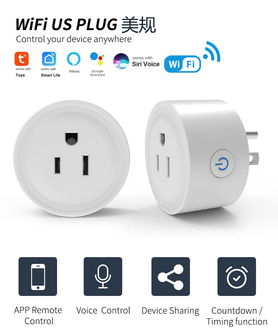 Hot selling 10A EU/ UK/ US Alexa Google Home Tuya Smart Power Strip Socket Remote Control Mini Wifi Smart Plug