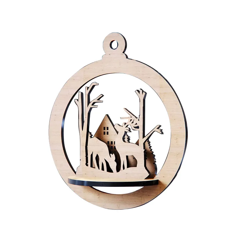 3D Laser Cut Wooden Christmas Tree Bauble Hanging Decorations Christmas Ball Ornament Round Circle Wood Chips Pendants Crafts