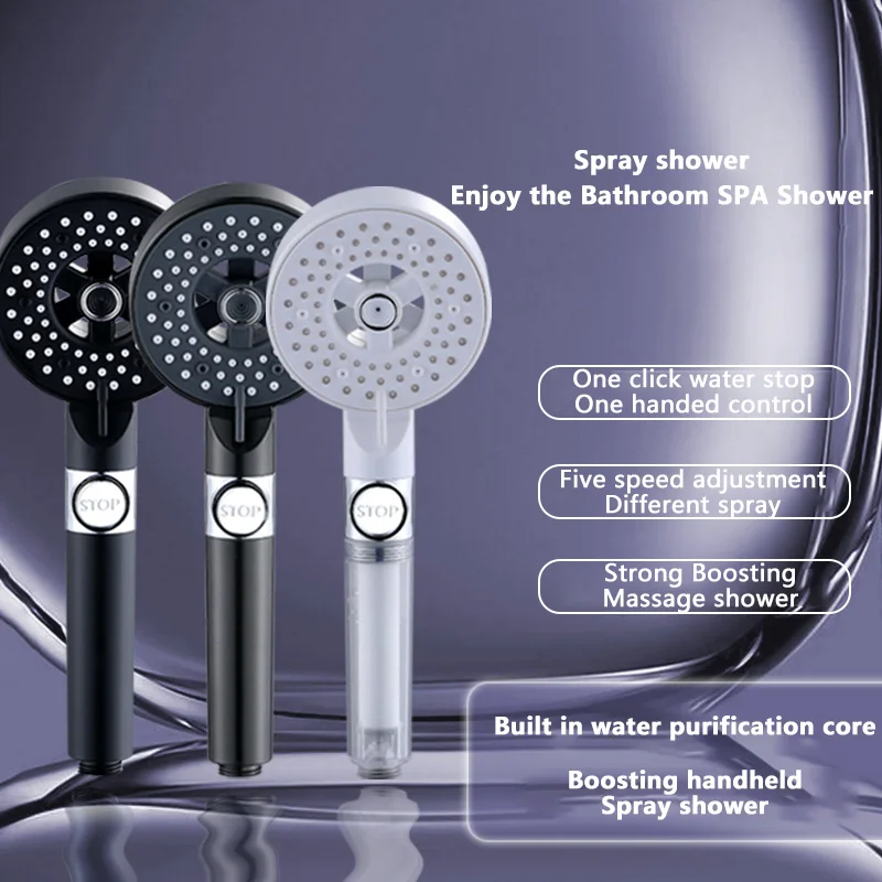 New High Pressure Shower Head Filtration 5 Modes Filtered Shower Nozzle One Key Stop Water Plastic Hand Shower Head