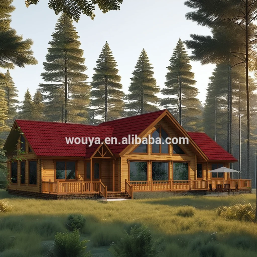 1-Floor Prefabricated Wooden Villa for Living with Bedroom Toilet Kitchen Shop in Linhai Red Color