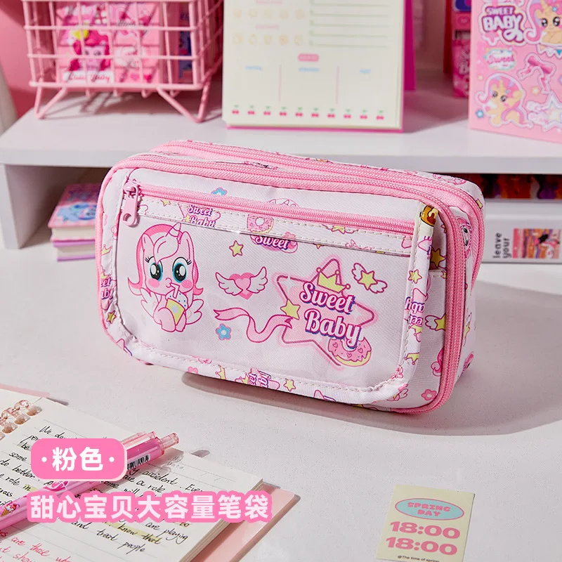 Large capacity pencil case high value transparent interlayer, elementary school students pink cute stationery storage bag