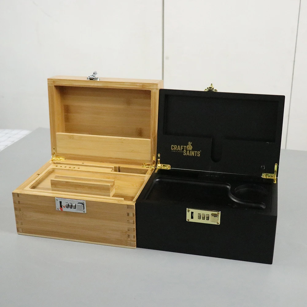 New custom 100% Bamboo Storage Box wooden Smoking Stash Box Sliding Rolling Tray with combination Lock