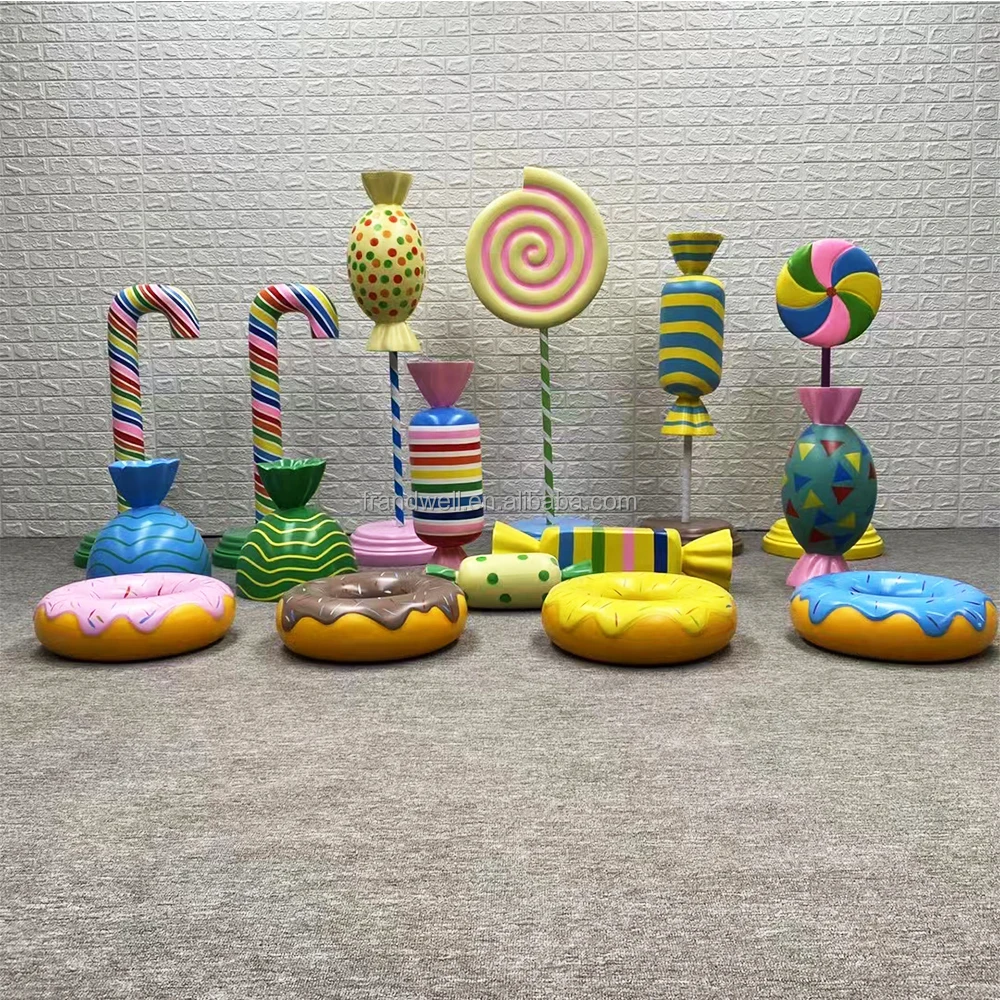 Christmas giant ornaments fiberglass resin pastel macaroon donuts props candy lollipop sculpture for candyland decoration