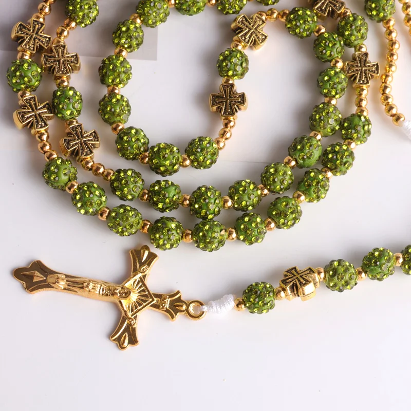 JC New design rosary chain high quality 10mm glass rhinestone ball catholic rosary necklace