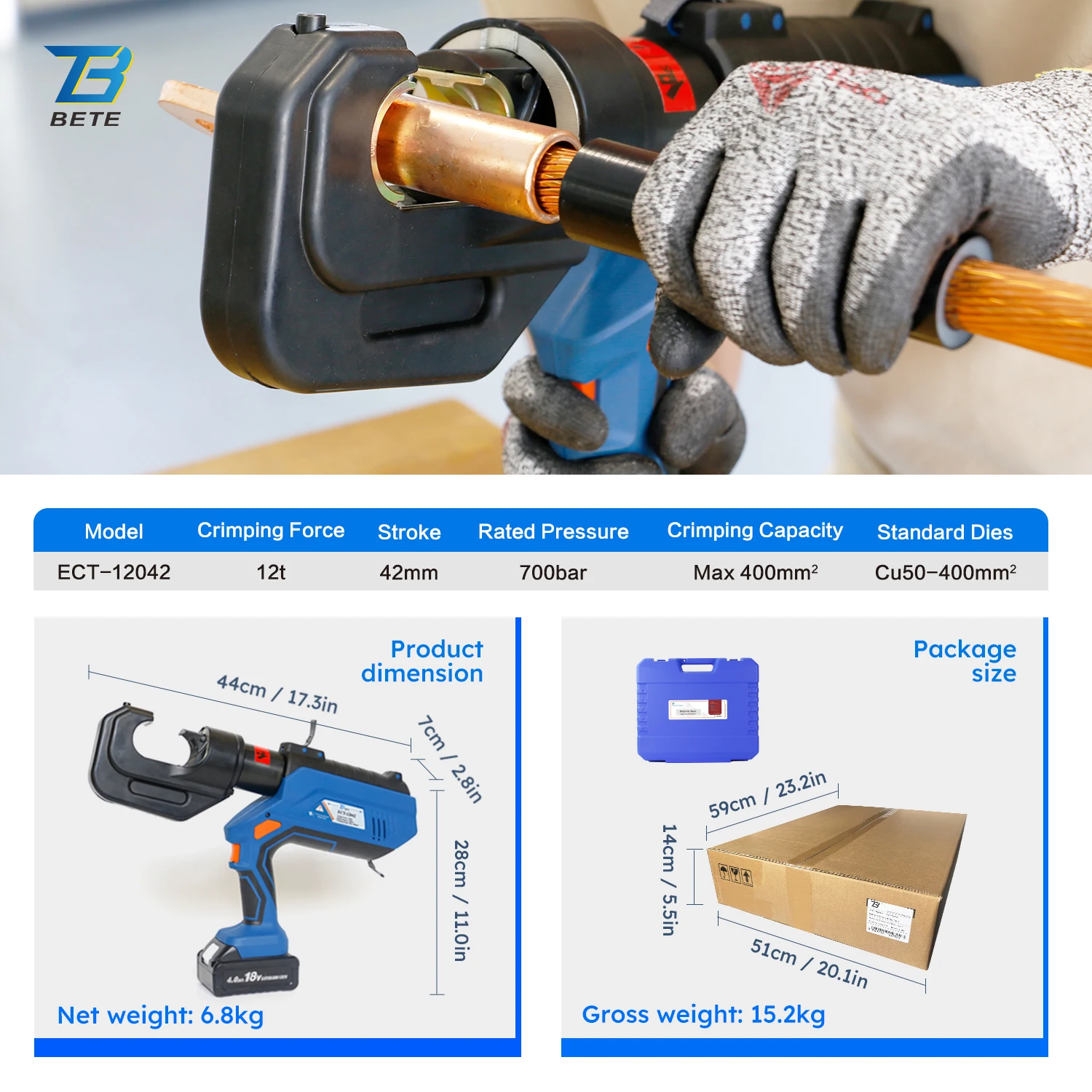 ECT-12042 Electric Battery Powered Hydraulic Crimping Tool For Cable Lugs 12T