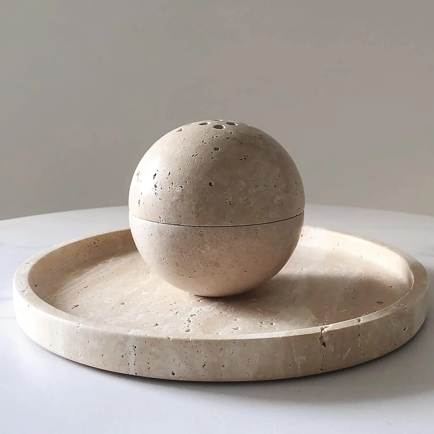 Modern Decorative Beige Round Real Travertine Marble Vanity Tray for Perfume Candle Jewelry Dish Small Things