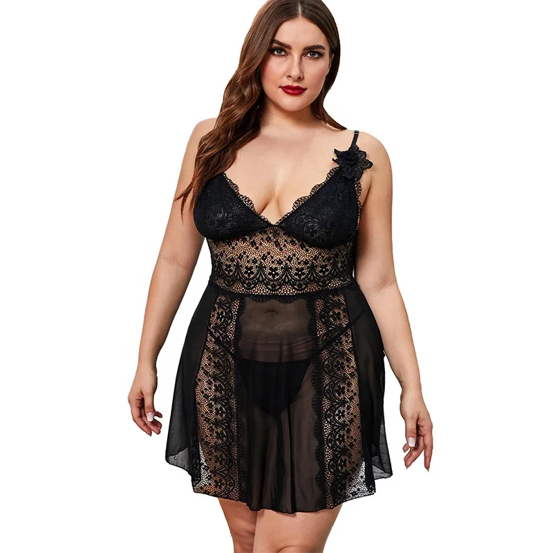 Plus Size Sexy Lace Sleepwear Night Dress Women Hollow Out V-neck Sleeveless Dress + Thong Female Nightwear Nightgown Set