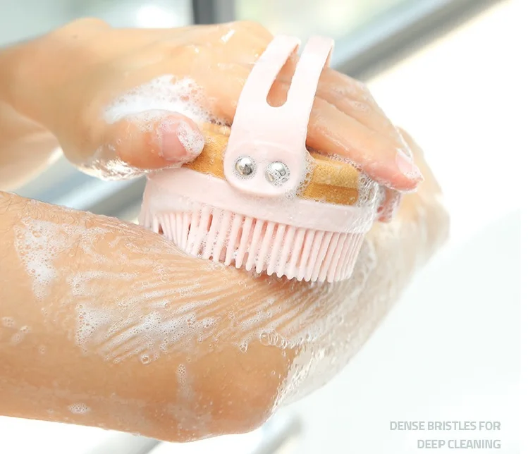 Pore Cleansing Massage Exfoliating Brush Long Leather With Loop Wooden Handle Body Brush Manual Silicone Body Scrubber