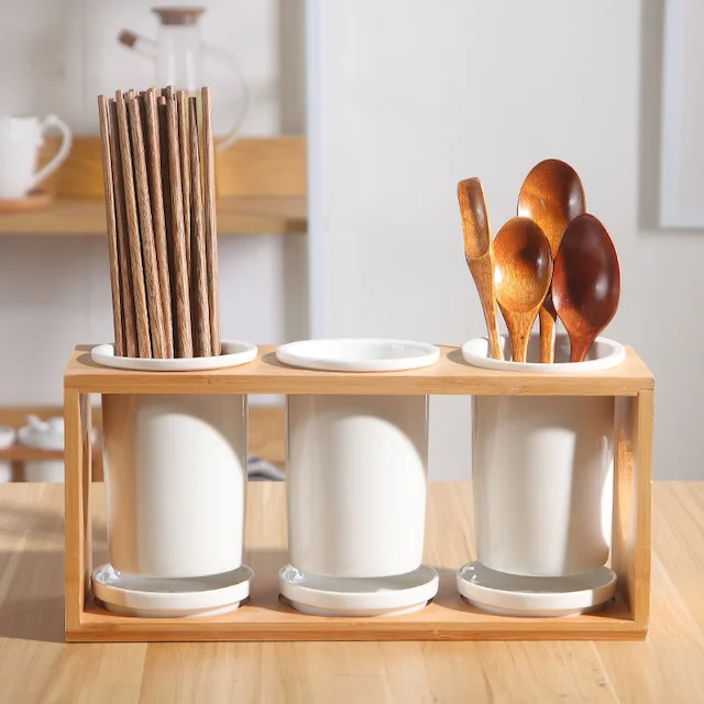 Custom Hot Selling Silverware Storage Holder Kitchen Flatware Organizer Set With Wood Base Cutlery Ceramics Storage Holder