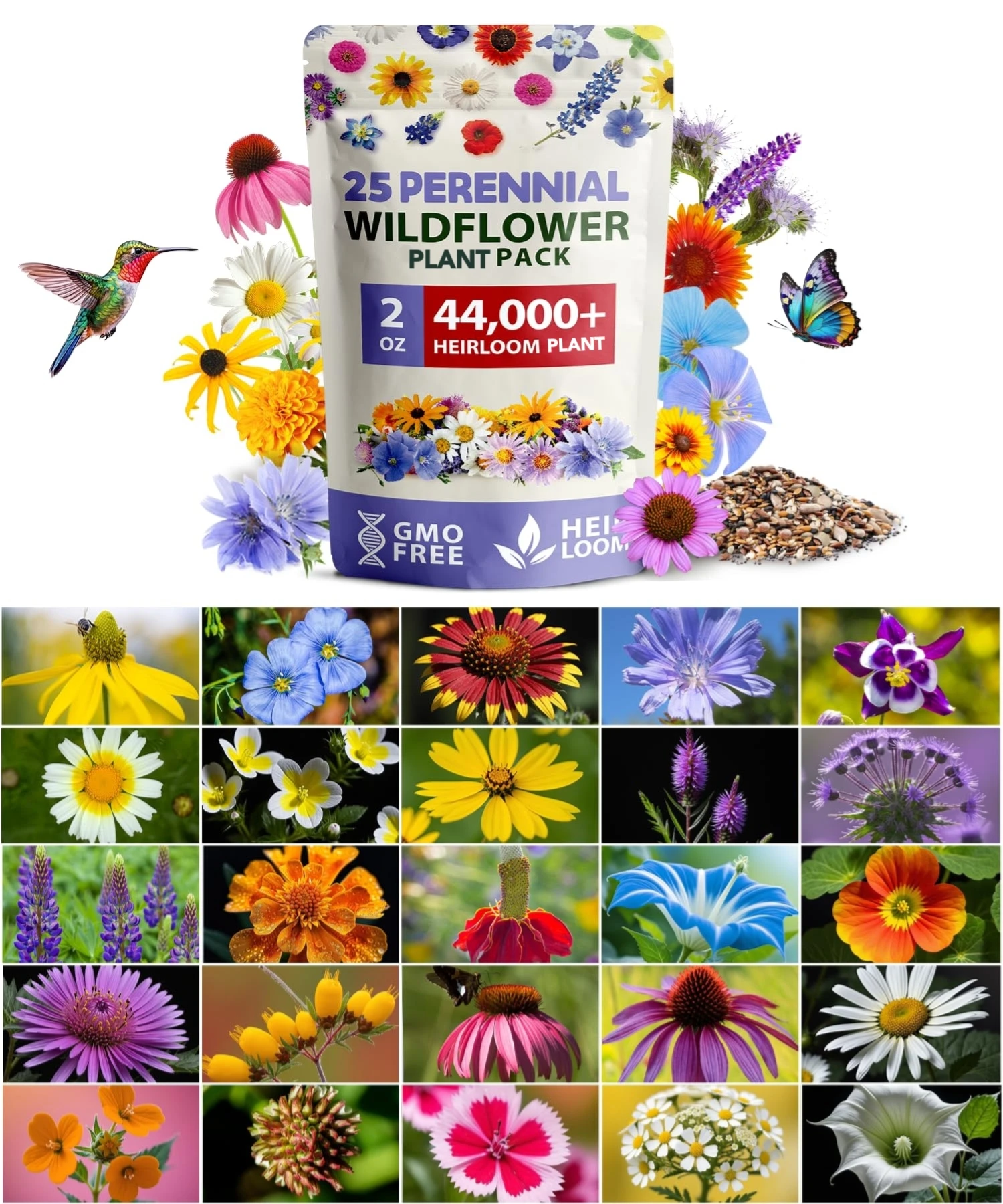 HOME GROWN 44,000 Wildflower Seeds:Perennial Wild Flower Plant Mix - Flower Garden Plant for Attracting Birds & Butterflies