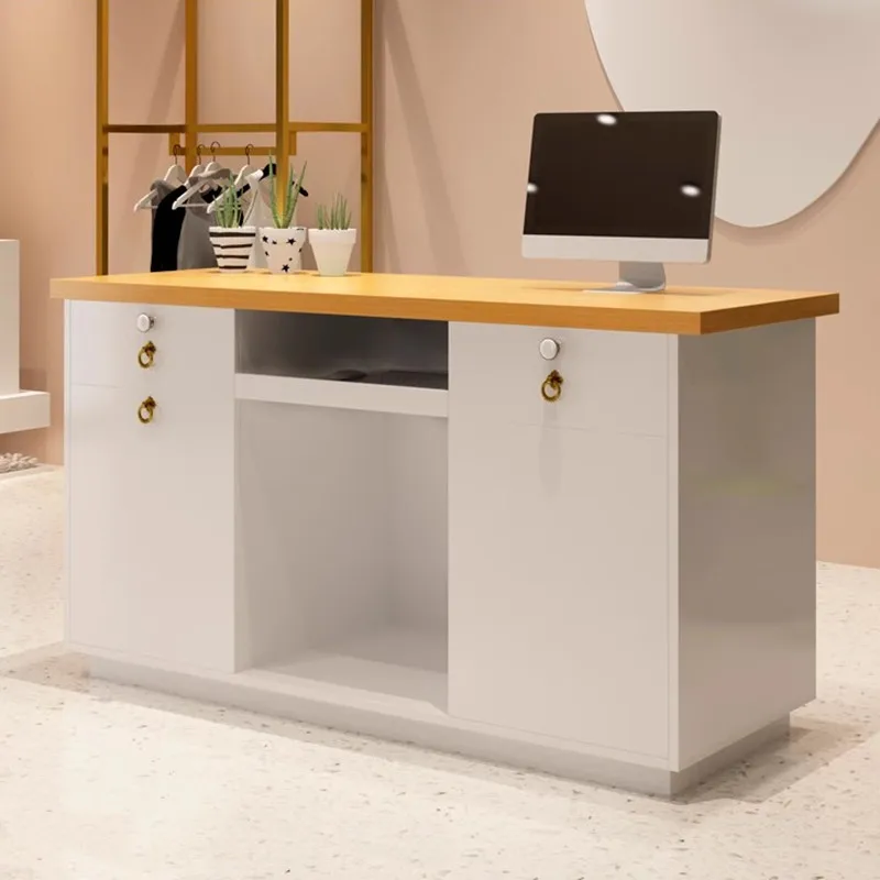 Modern Wood Corporate Front Desk Design Customized Logo cash register beauty salon bar reception desk