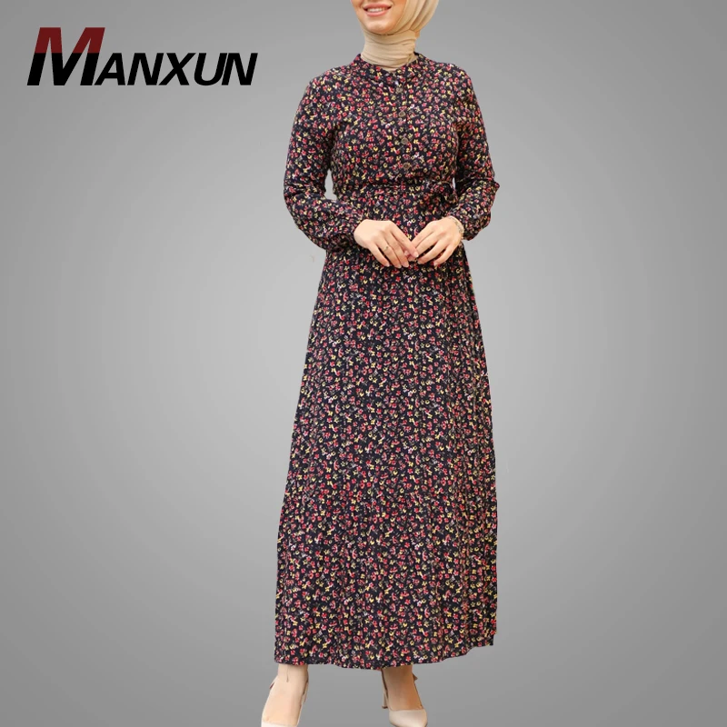 Stylish Prints Long Sleeve Muslim Women Dress Elegant Button Style Islamic Clothing High Quality Rayon Fabric Dubai Abaya